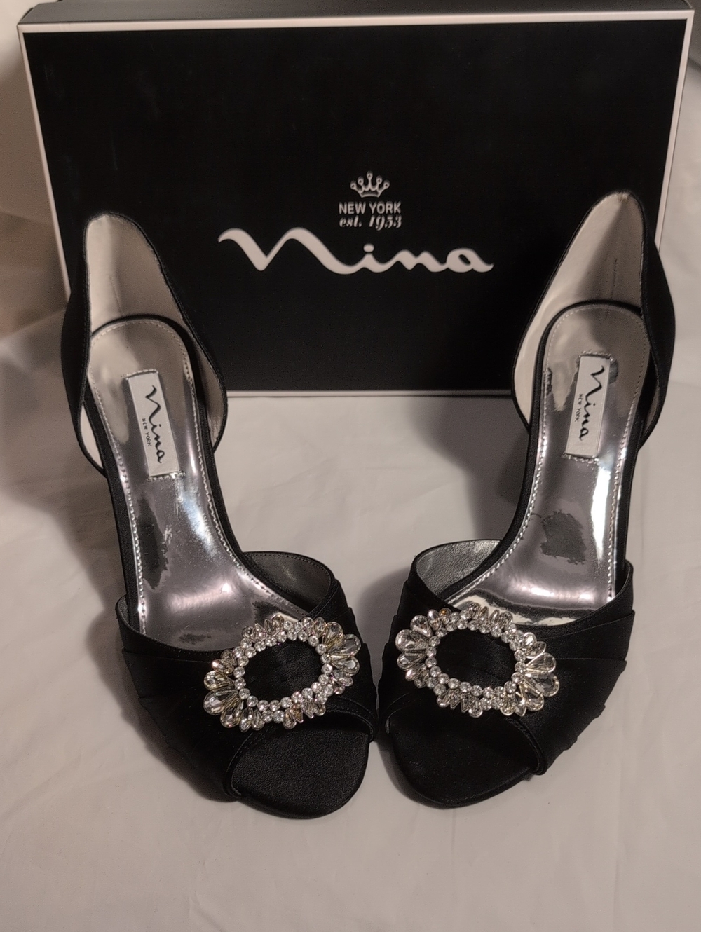 Nina Black Satin Peep-Toe Heels with Crystal Brooch